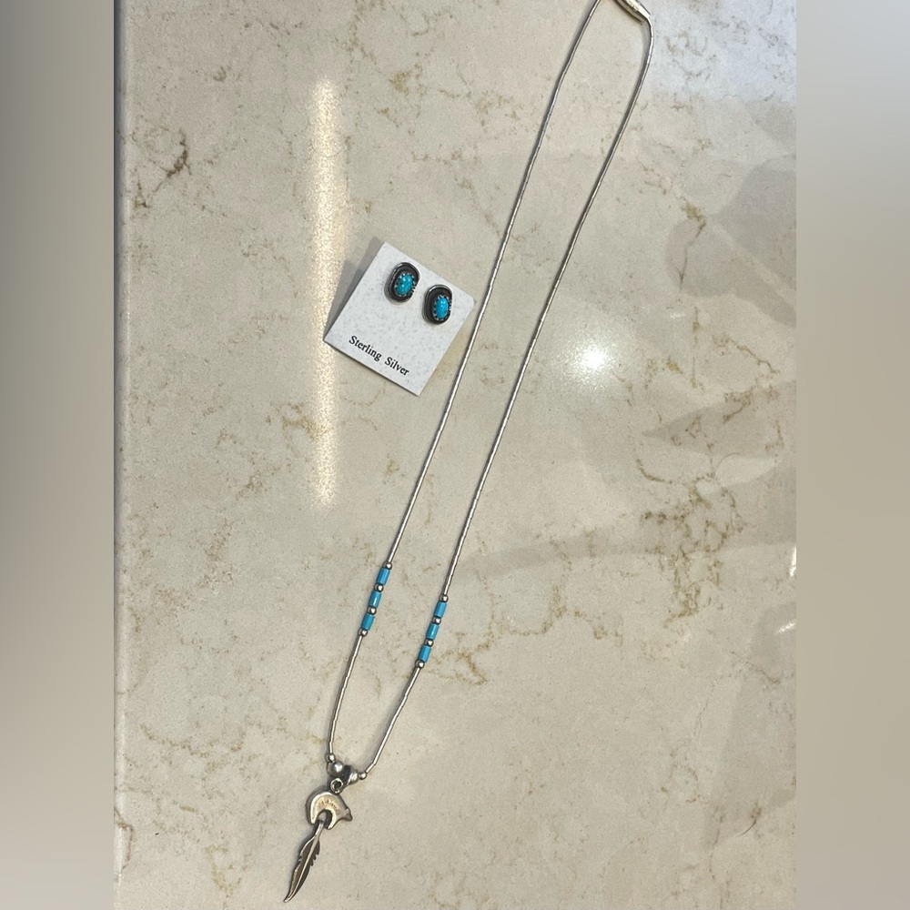 Silver Necklace and Earring Set with Turquoise Accents